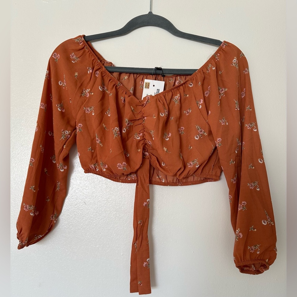 Off the Shoulder Cropped Orange Floral Blouse, Small